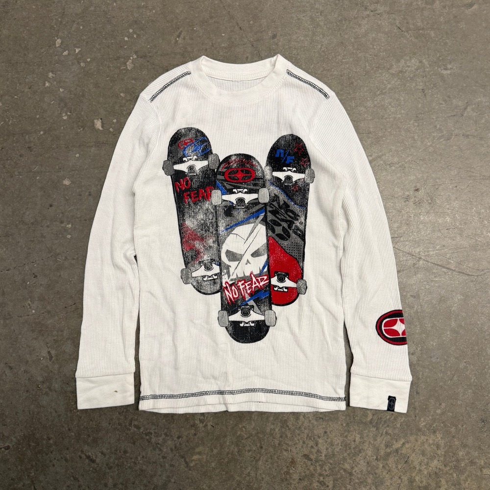 No‎ Fear Kids White Waffle Knit Thermal Skateboard Skull Graphic Shirt Size M